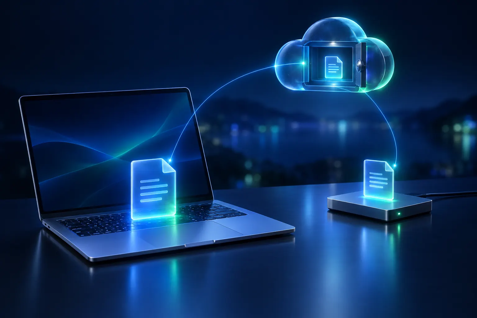 Three copies of the same document: on a laptop, on an external drive and in a cloud vault far away.