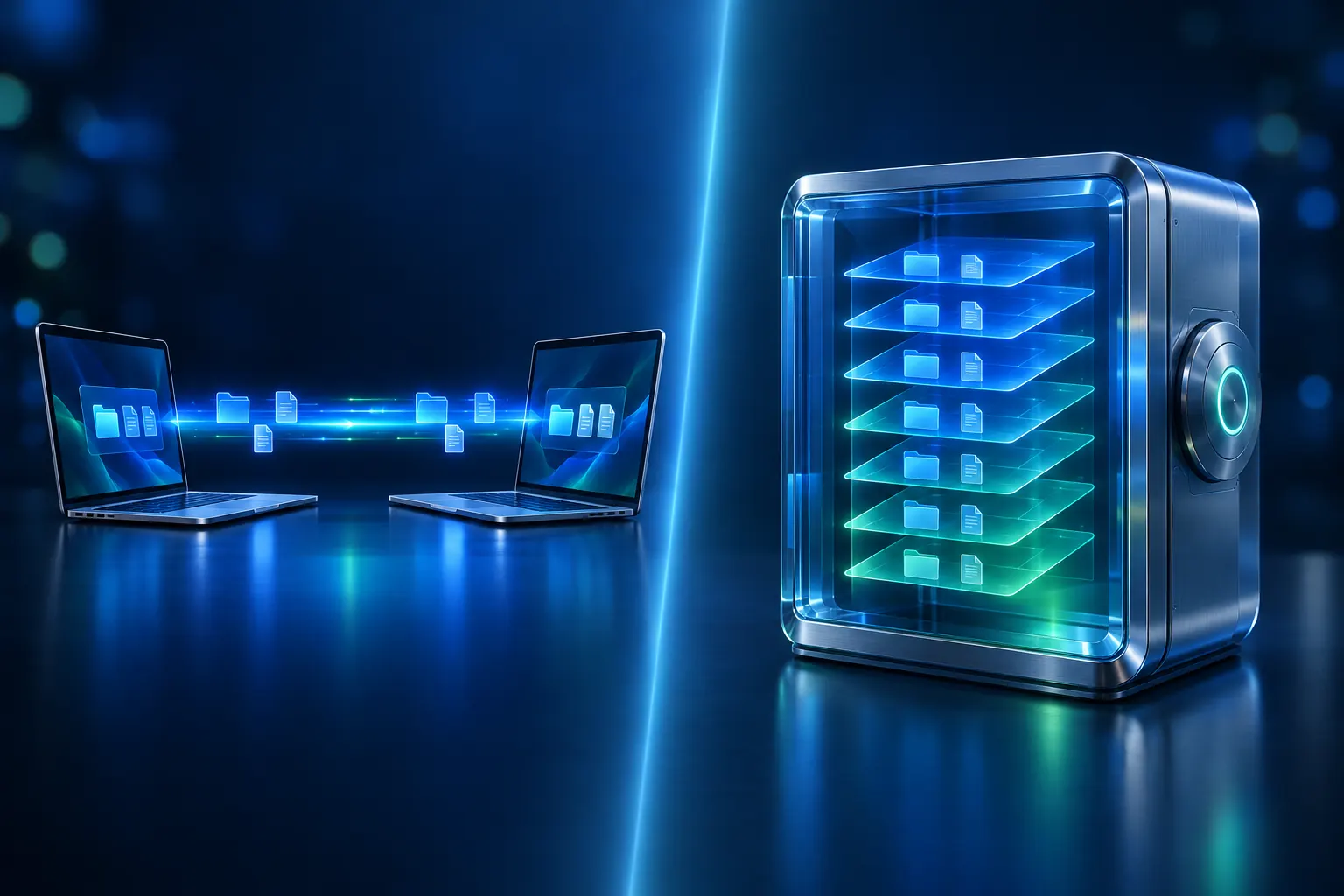 On one side two laptops pass the same files back and forth; on the other a vault keeps stacked earlier versions.