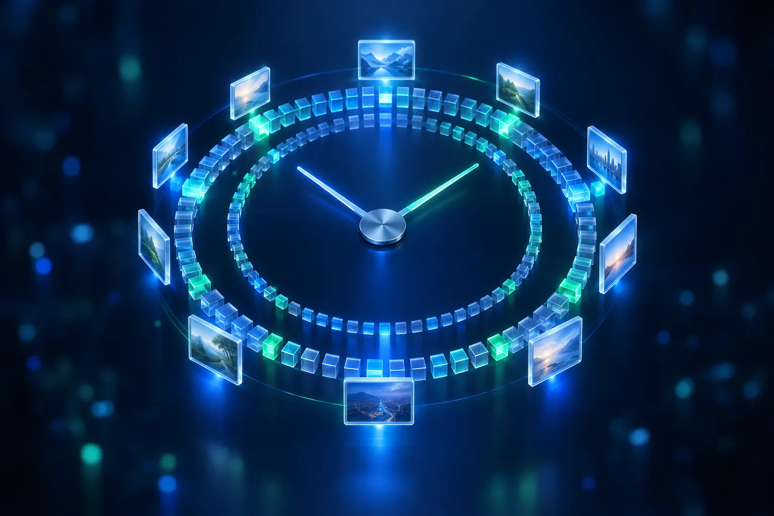 A clock face made of rings of blocks, with backup snapshots placed at regular points in time around it.