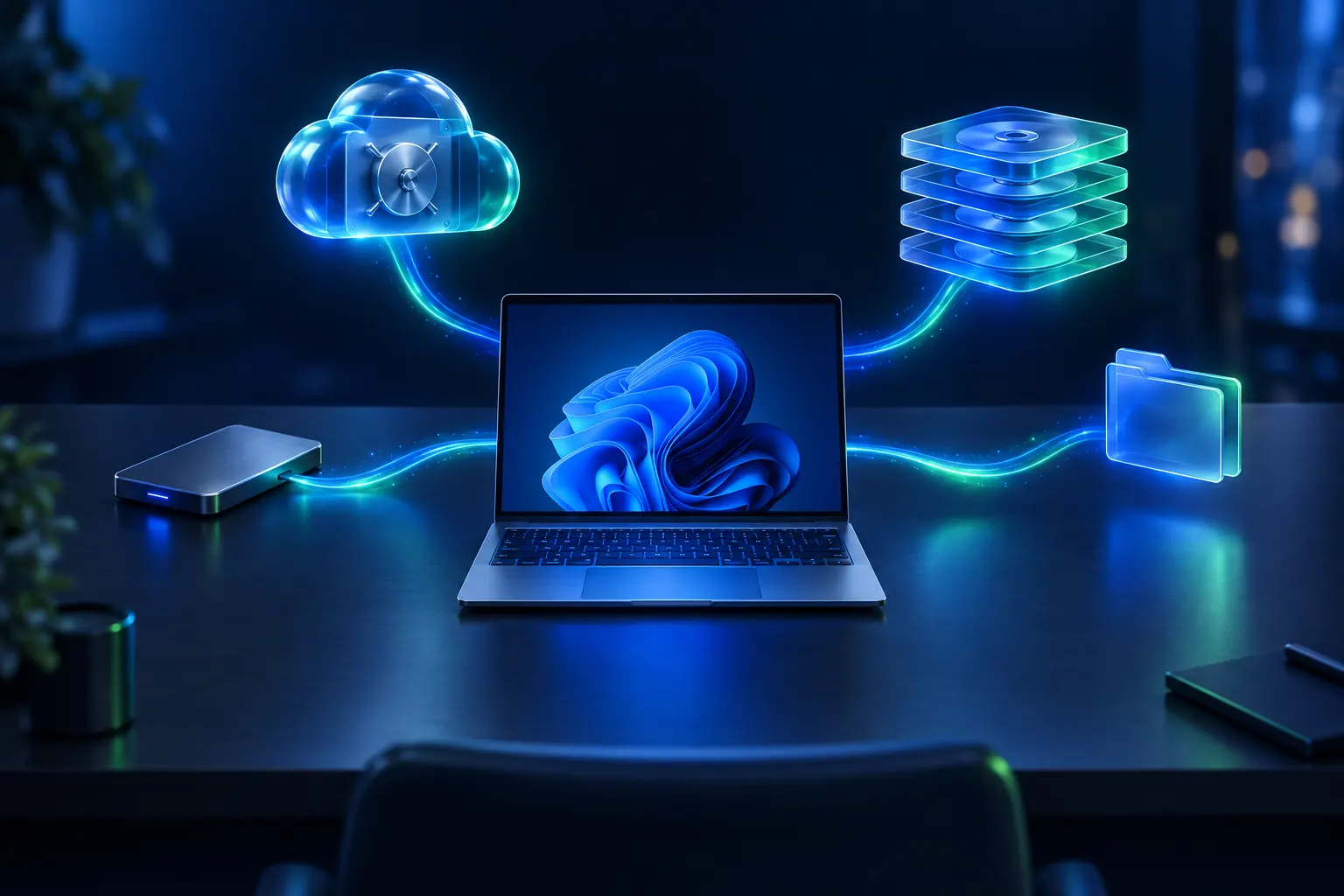 A Windows 11 laptop with glowing paths to an external drive, a cloud vault, disk images and a folder: the four ways to back it up.