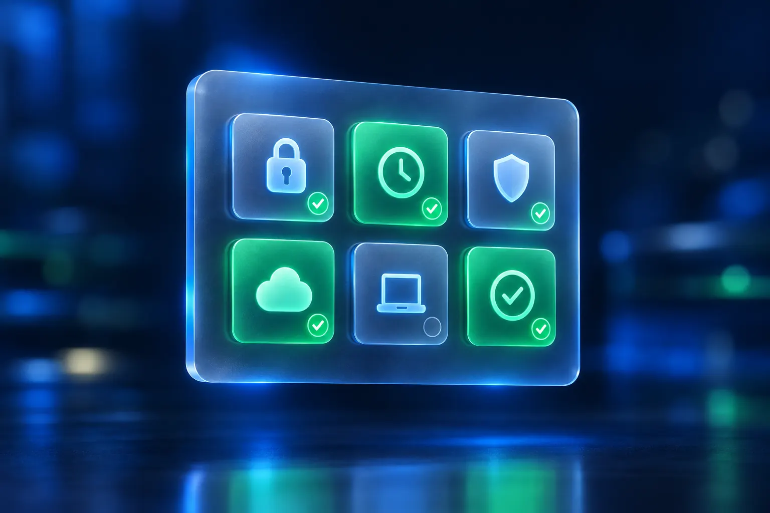 A glass checklist panel of glowing tiles for encryption, versions, protection, cloud storage and computers, several ticked.