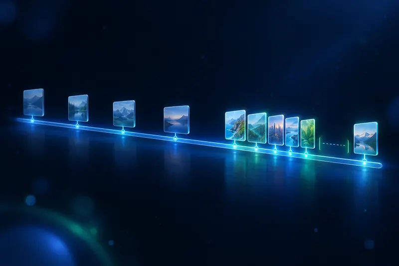 A timeline of backup snapshots, closer together near the present, with a highlighted gap after the last one.