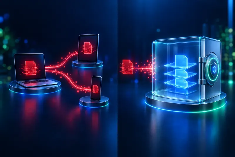 On the left a damaged red file spreads from one laptop to other devices along sync lines; on the right the same file stops at a vault that keeps clean earlier versions.