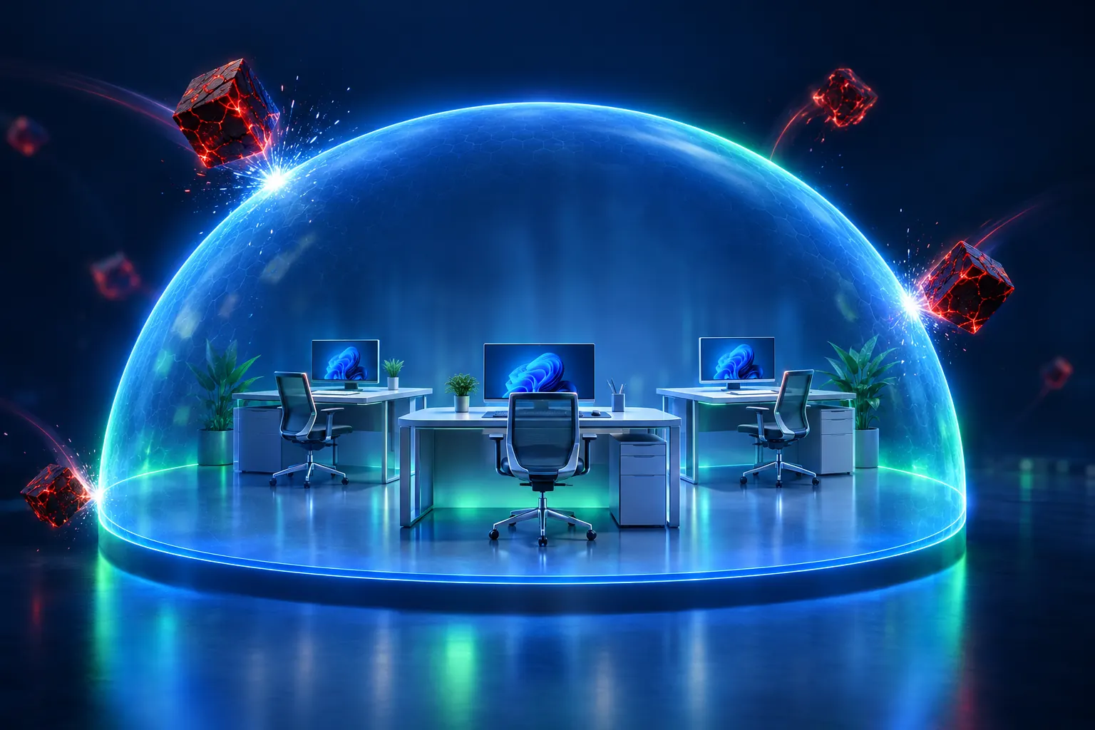 A small office of Windows PCs under a protective glowing dome, with corrupted red blocks bouncing off the outside.