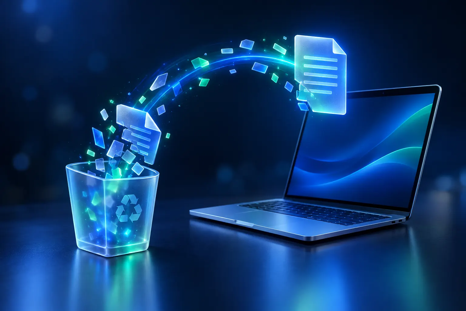 A document reassembling from fragments as it rises out of the recycle bin and back towards a Windows laptop.