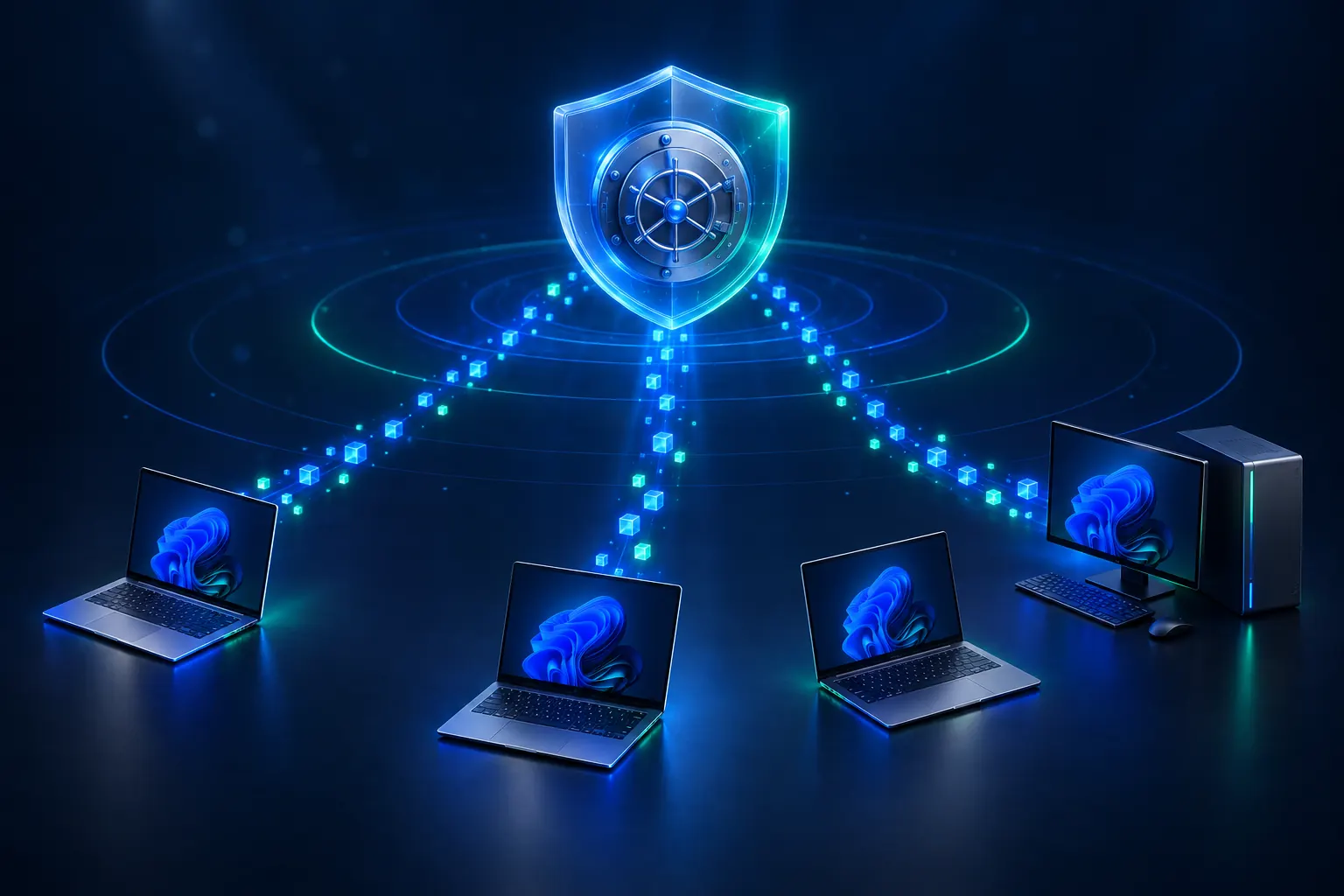 Illustration: several Windows laptops and a desktop PC sending encrypted blocks to one protected vault.