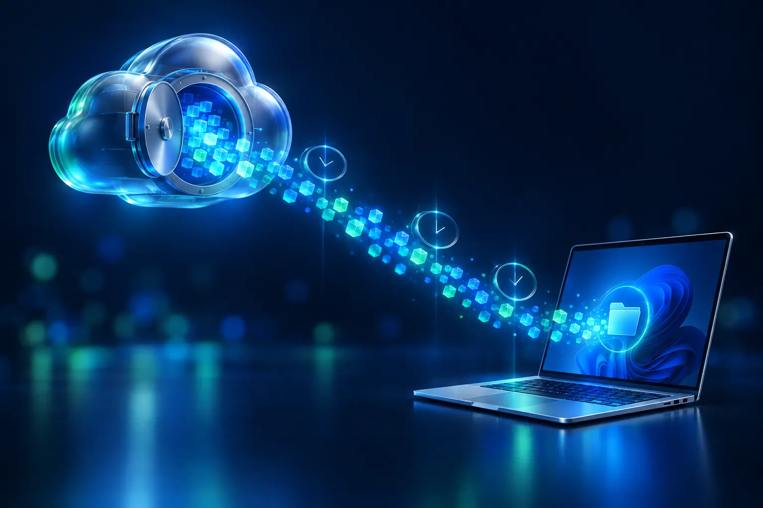 Illustration: files flow from a cloud vault back into a new laptop, passing points in time.